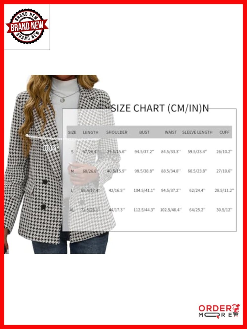 Tweed Houndstooth Blazer Jacket - Plaid Fully-Lined Double-Breasted Casual Work - Picture 6 of 6